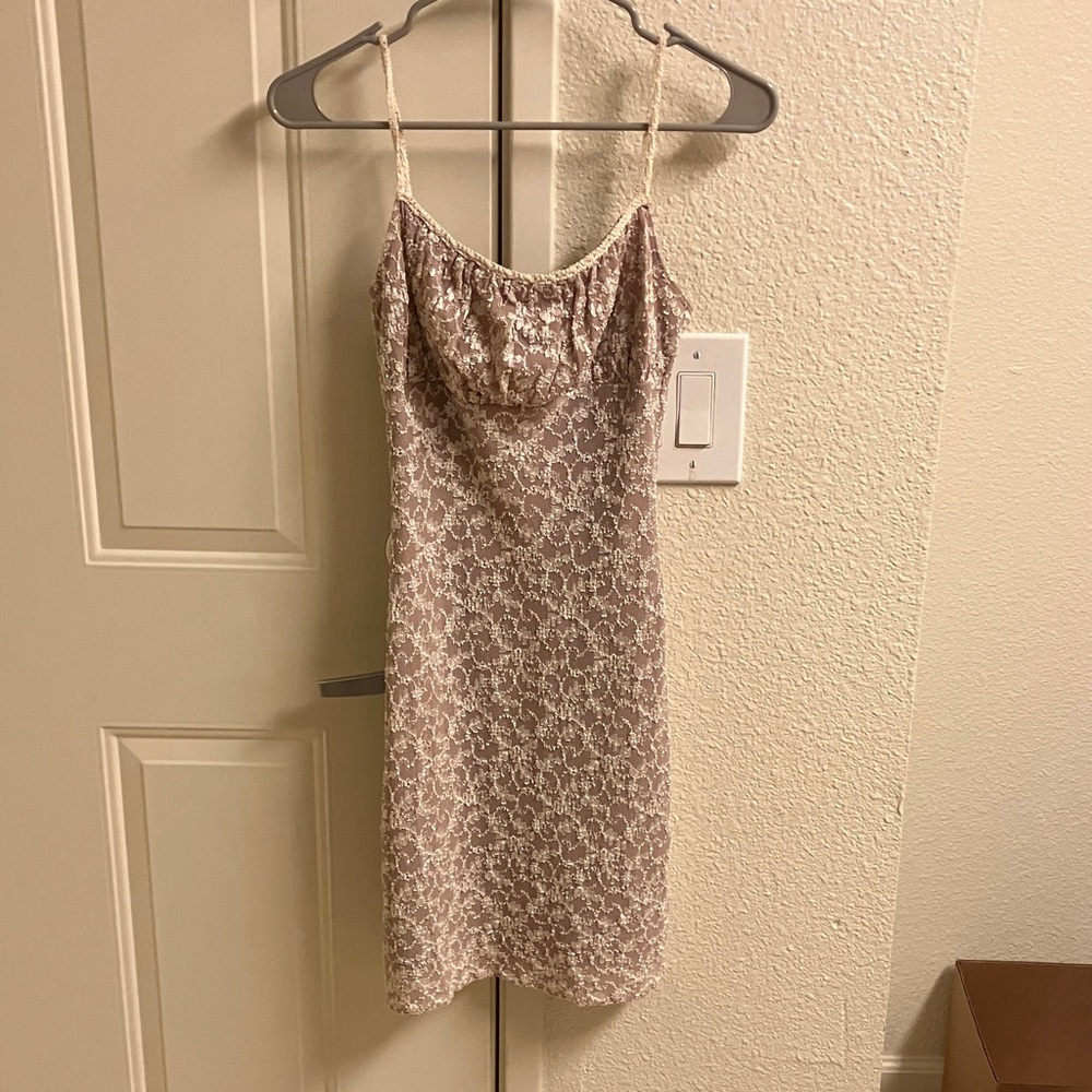 XOXO Lace Trim Dress in Cream and Tan